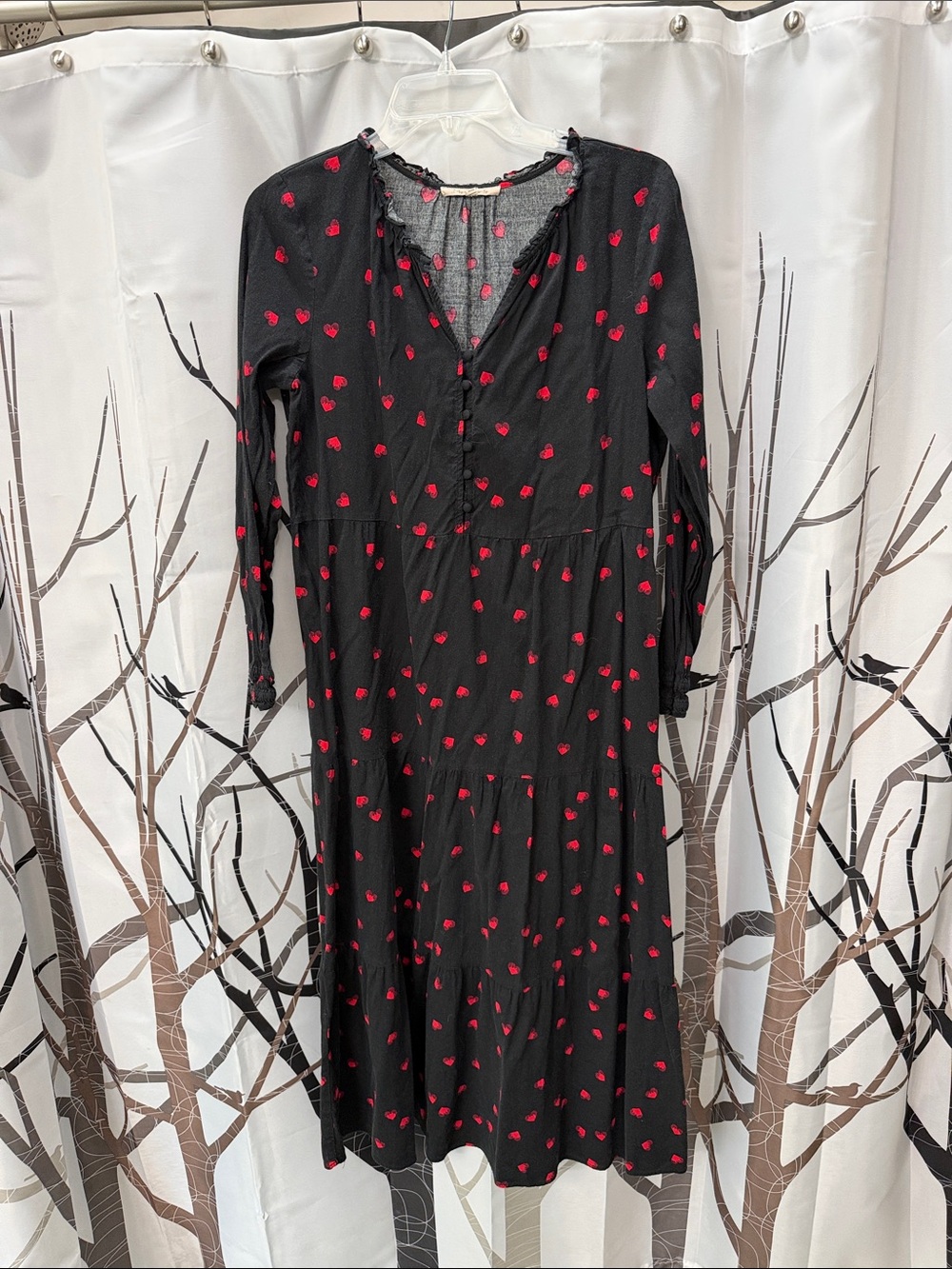 Black Maxi Dress with Red Heart Print Long Sleeves by
